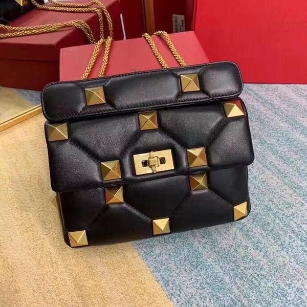 

Luxury Designer Rivet Shoulder Bags Top Quality Original Style Fashion Classic Genuine Leather Woman Ladies Chain Messenger Bag Handbag, Black