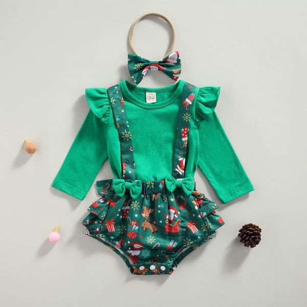 

clothing sets baby girls three-piece clothes set, long sleeve , printed pattern suspender bloomers and headdress for 2021 christmas, White