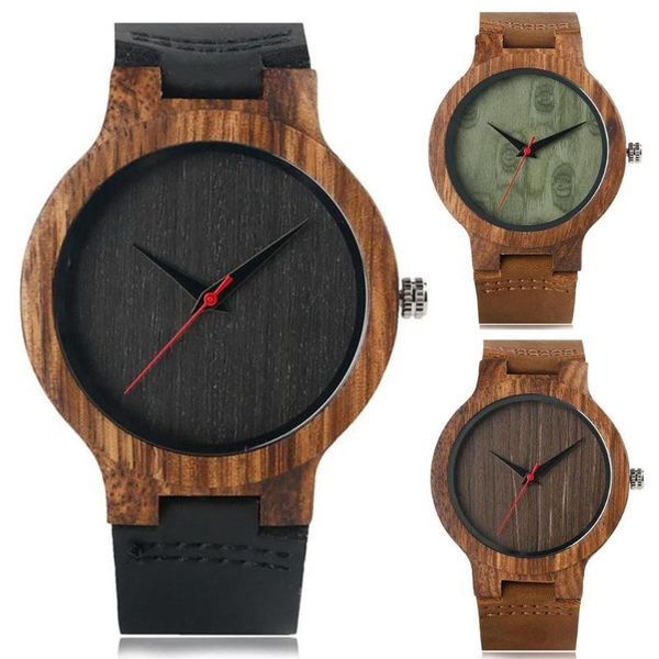 

wood round dial faux leather strap no number analog quartz wrist watch wristwatches, Slivery;brown