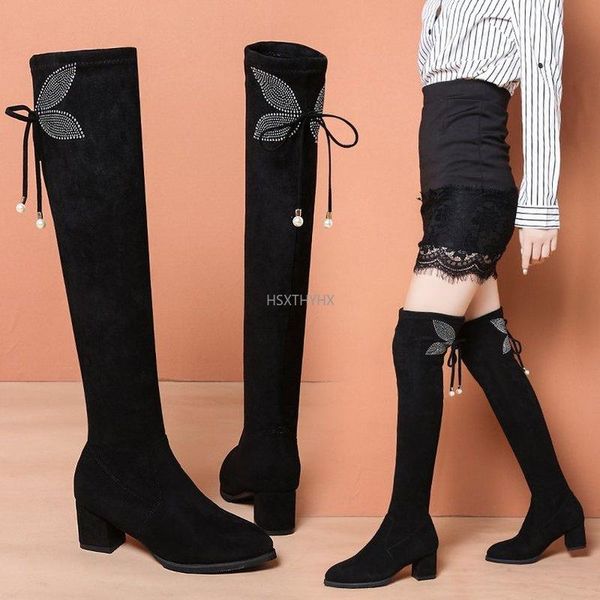 

boots women slip-on basic round toe flock over-the-knee square heel winter stretch shoes size 34-40 booties, Black