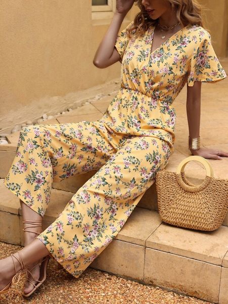 

floral print butterfly sleeve jumpsuit l0ps#, White
