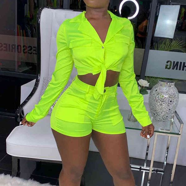 

Two Piece Dress Neon Green Fashion Set Women V Neck Full Sleeve Sexy Crop Tops Skinny Shorts Night Clubwear Chic 2 Pcs Outfits WC2R, White