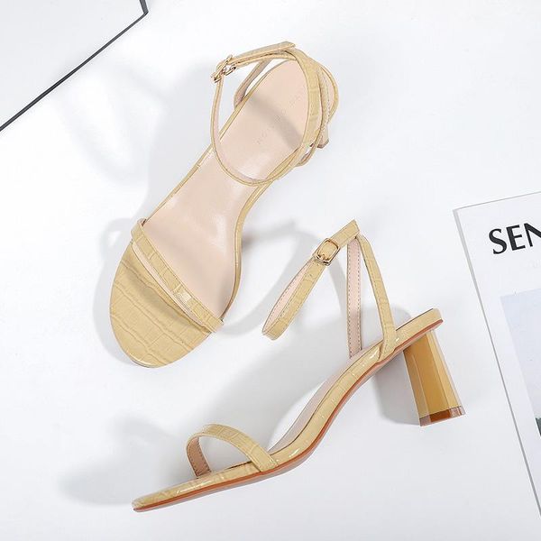 

dress shoes sandals women 2021 summer crocodile pattern solid woman square high heels 7cm lace-up elegant party wedding pump, Black