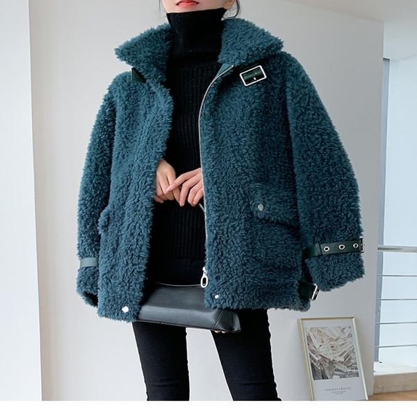 

women's fur & faux menina bonita 2021 fashion winter jacket women coat weave real natural wool o-neck zipper loose warm streetwear over, Black