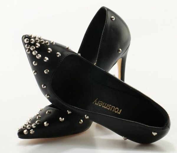 

rousmery fashion women pointed toe black leather spike pumps classical design rivet 12cm high heels formal dress shoes