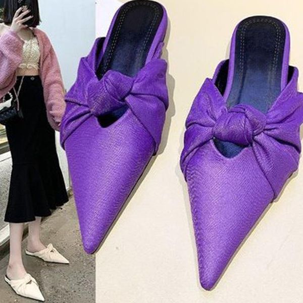 

slippers 2021summer woman's slik mules point toe butterfly knot shallow ladies flats slip on female korean style casual slides, Black