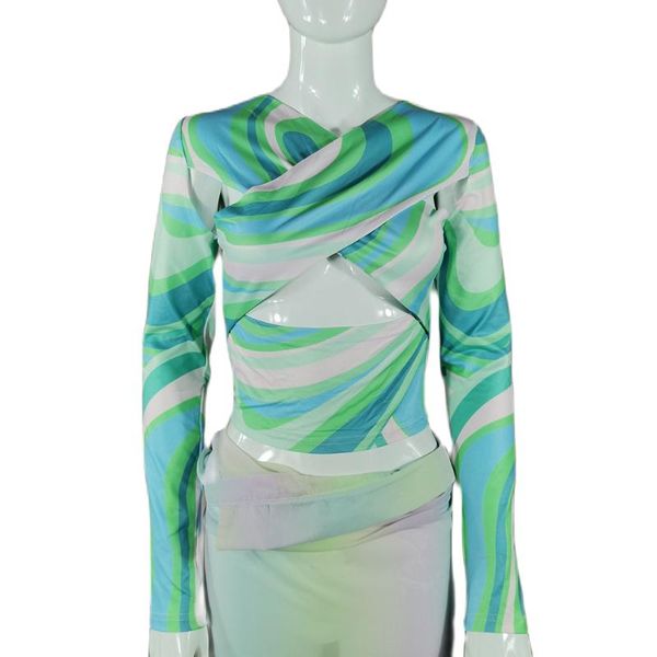 

women's t-shirt summer 2021 harajuku hollow out mesh print striped skinny stretch v neck long sleeve with women t shirt casual streetwe, White