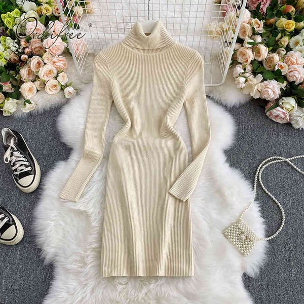 Outono inverno mulheres turtleneck malha manga comprida moda sólida escritório morno senhora sexy bodycon camisola vestido 210415