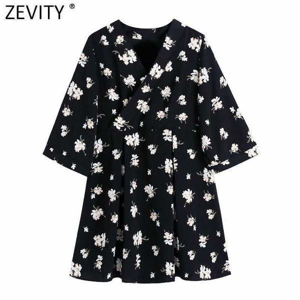 

zevity women vintage cross v neck floral printing casual back mini dress female chic japanese design kimono waist vestido ds8262 210603, Black;gray