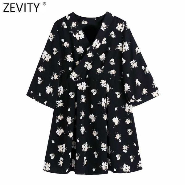 Zevity Frauen Vintage Kreuz V-ausschnitt Blumendruck Casual Zurück Mini Kleid Weibliche Chic Japanische Design Kimono Taille Vestido DS8262 210603