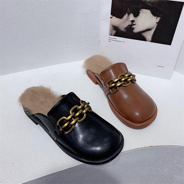 

slippers 2021 fall metal buckle baotou half female muller shoes fashion all-match lazy warm wool, Black