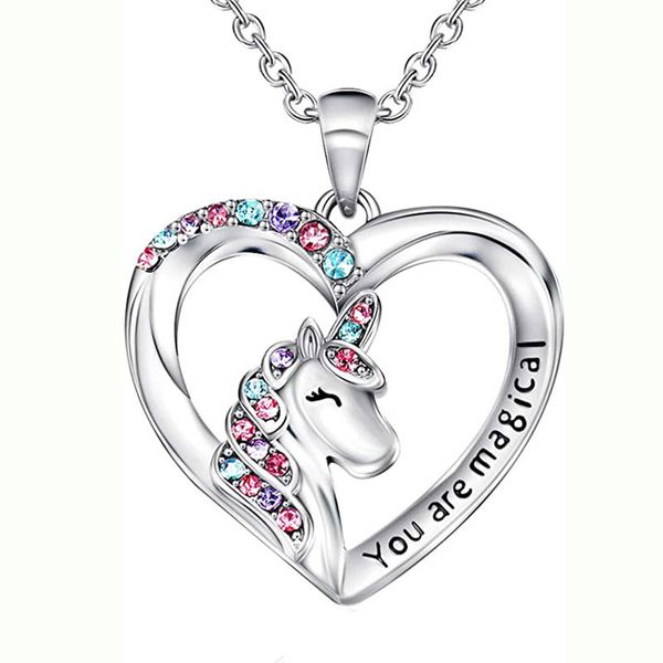 

creative new unicorn necklace colorful heart-shaped pony children's love diamond pendant, Silver