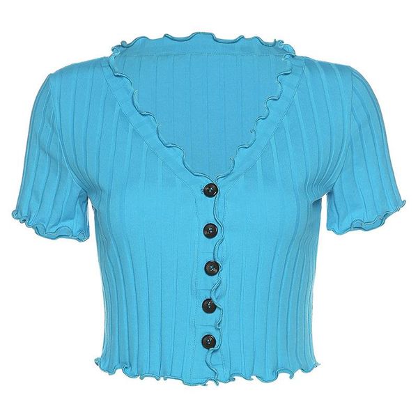 

women's t-shirt knitted women solid color ruffles sleeve v neck t shirts exposed navel short cardigan shirt crop female, White