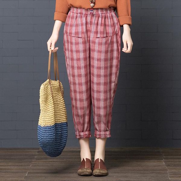 

women's pants & capris ilstile 2021 women plaids casual harem vintage elastic waist cotton linen loose trousers autumn ankle-length -x, Black;white