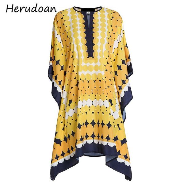 

herudoan fashion designer autumn dress women elegant batwing sleeve polka dot printing vintage loose midi vestidos casual dresses, Black;gray