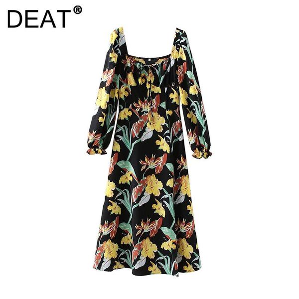 

casual dresses [deat] 2021 autumn fashion tide square collar high waist ankle-length drawstring long sleeve printing dress women 13z559, Black;gray