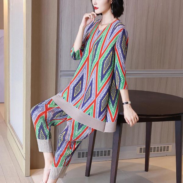 

fashion print casual two piece set women's spring 2021 slim loose irregular pleated elasticity pants iv75, White