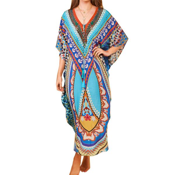 

bohemian printed summer beach dress blue cotton tunic women beachwear kaftan v-neck bats sleeve maxi dress sarongs n956 210416, White;black