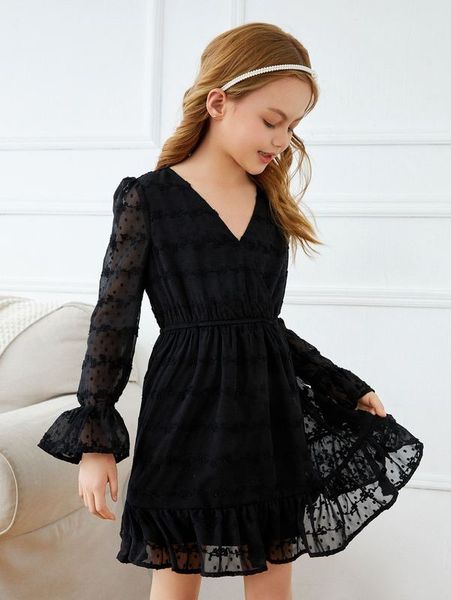 

girls swiss dot flounce sleeve ruffle hem chiffon dress she, Red;yellow