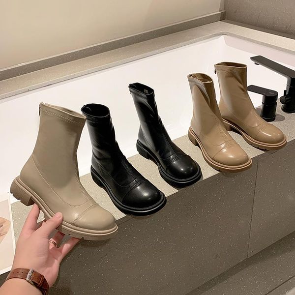 

boots shoes lady clogs platform boots-women zipper round toe luxury designer rubber leather rock 2021 autumn ankle low fashion, Black