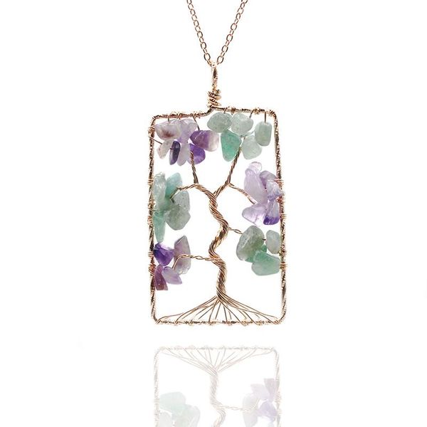 

chains square tree of life healing crystal necklace wire wrapped stone pendant for womens girls ladies chakra jewelry, Silver