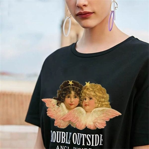 

trouble outside angel inside tees summer women's loose print casual short-sleeved t-shirt base 210512, White