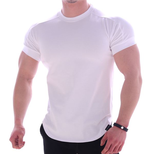 

men summer t shirts high elastic slim fit tshirt men quick-drying curved hem mens t-shirts solid color 3xl, White;black