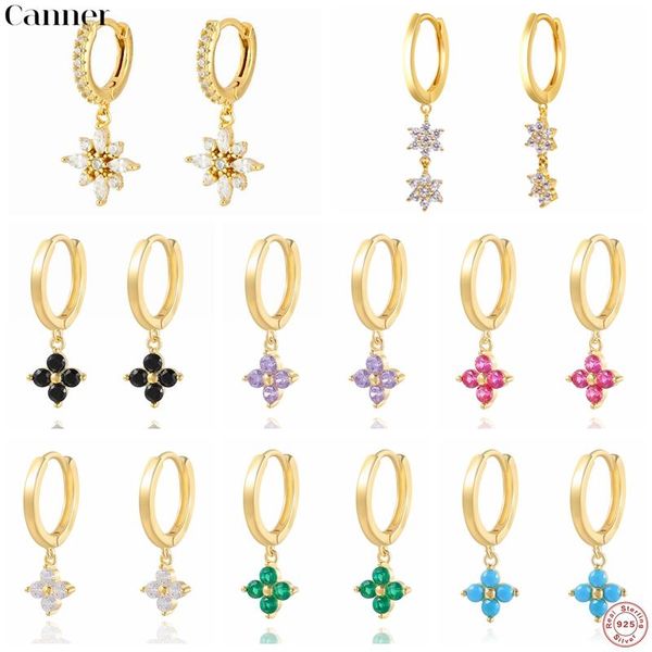 

hoop & huggie canner snowflake zircon pendant earrings real 925 sterling silver for women korea jewelry niveous, Golden;silver