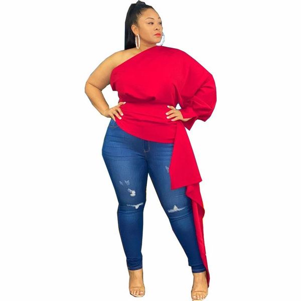 

plus size t-shirt and blouses 4xl 5xl red white blue elegant club one shoulder irregular shirts with ruffle wholesale, Black