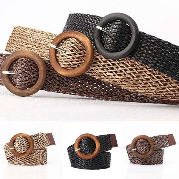 

belts braided waist belt women vintage boho decoration dress waistband fake straw round wooden smooth buckle wide woven, Black;brown