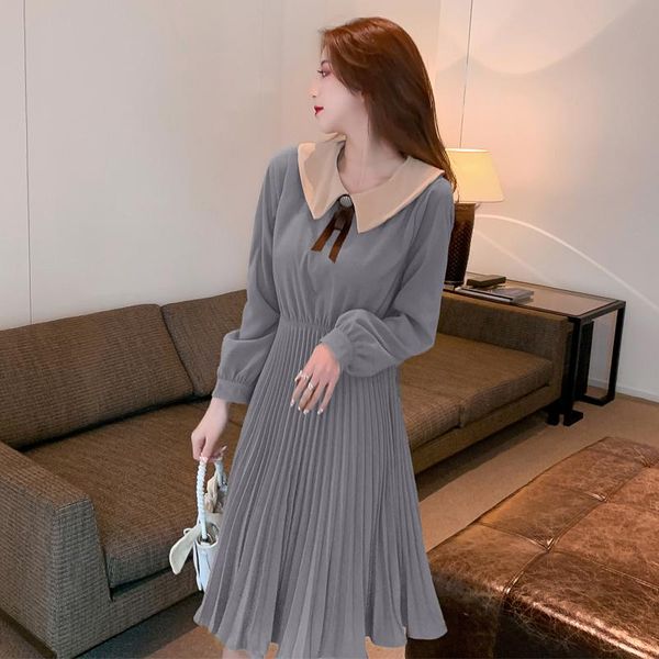 

casual dresses women dress lapel sailor collar long sleeve euro ladies bowknot solid spring preppy knee-length pleated, Black;gray