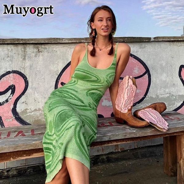 

muyogrt paisley print knit dress women green y2k summer bodycon sleeveless spaghetti strap beach party midi dresses 2021 women's swimwe, White;black