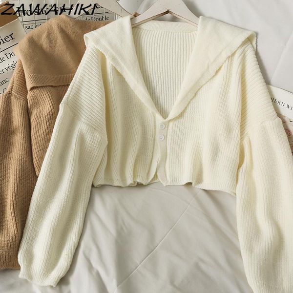 

women's knits & tees zawahiki korean fashion all-match sweaters women autumn sailor collar two buttons short knitted loose long sleeve, White