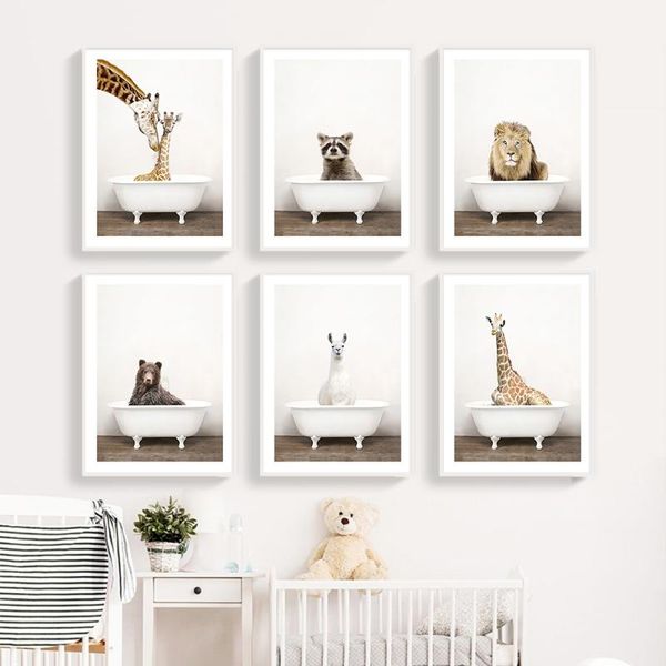 

paintings baby animal bathtub poster giraffe elephant panda canvas painting nursery wall art print picture kids bathroom home decoration