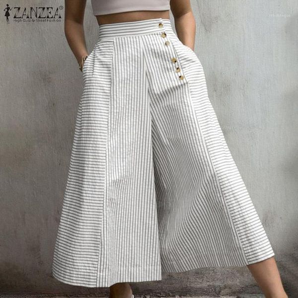 

women's pants & capris zanzea vintage women striped patchwork 2021 summer wide leg casual loose button up bottoms ladies oversized pant, Black;white