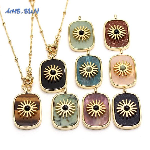 

earrings & necklace mhs.sun natural stone rectangle rose quartz pendant fashion chain with sunflower open rings jewelry for women 1set, Silver