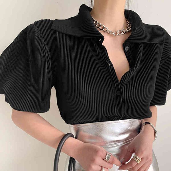 

summer chic elegant turn-down collar ladies solid blouses blusas lantern sleeve female single-breasted shirts 210427, White