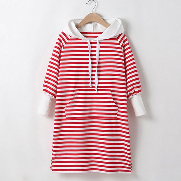 

girls dresses for autumn children hooded striped casual dress big kids fashion sweater 210515, Red;yellow