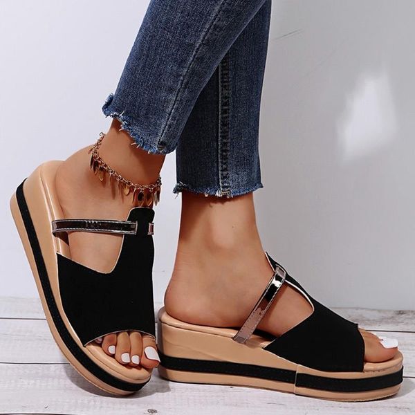 

sandals 2021 women heels slip on wedges shoes for slippers summer sandalias mujer platform, Black