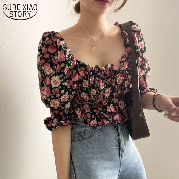 

chic retro flowers printed women's shirt loose bubble sleeve female sweet square collar vintage blouse chiffon 14334 210508, White