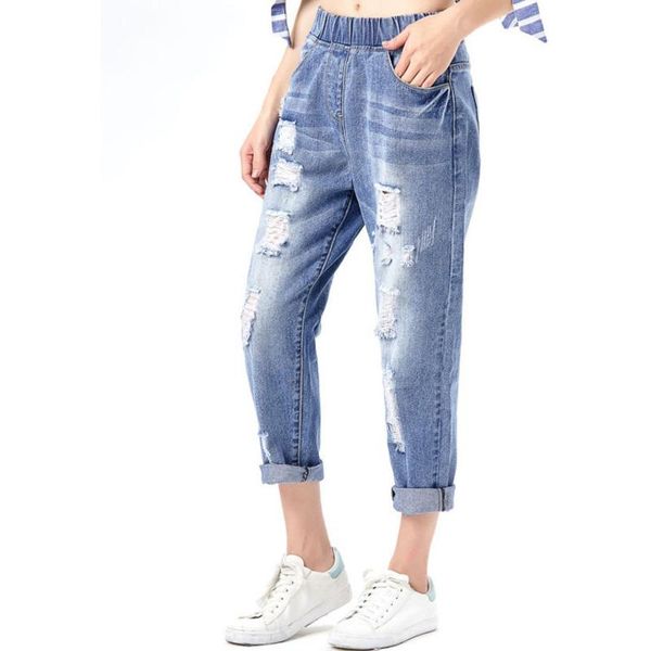 

women's pants & capris large size xl-8xl harem jeans denim women loose ripped pant trousers casual retro elastic waist hole ruin, Black;white