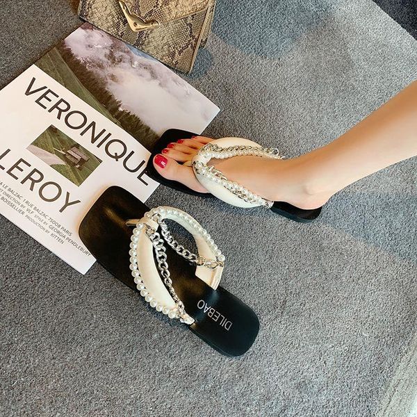 

slippers 2021 summer simple design ins flat female flip-flops soft bottom all-match beach sandals fashion leather shoes, Black