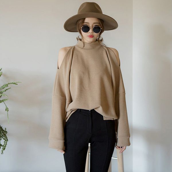 

new solid stand solid off shoulder batwing sleeve split full sweatshirt women's fashion loose 210421, Black