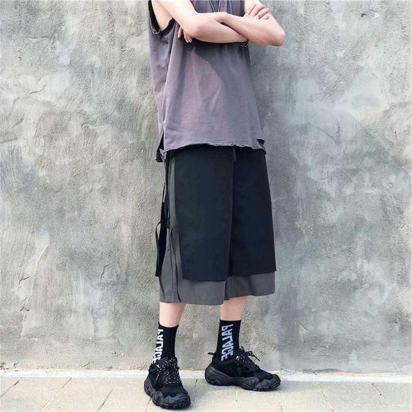 

men's pants summer trend shorts loose fit korean capris color matching wide leg hip hop casual straight high street sports, Black