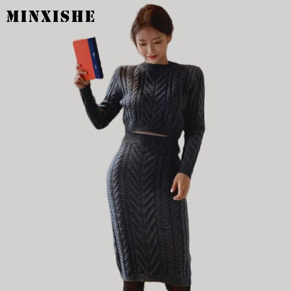 

two piece dress 2 set women clothes winter solid pullover bodycon sweater long sleeve crop and sheath midi skirt outfits, White