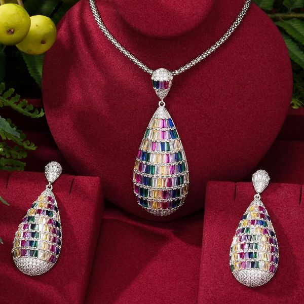 

earrings & necklace luxury women wedding crystal waterdrop pendant jewelry set design fashion shiny gift sets, Silver