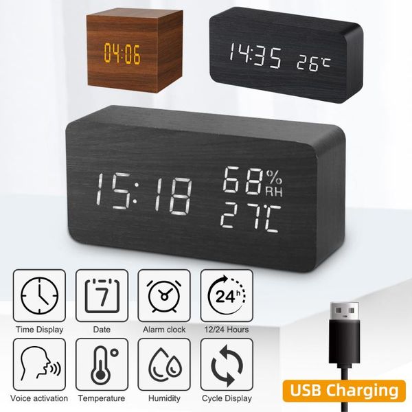 

other clocks & accessories digital alarm clock cube with wooden electronic led time display for bedside desk bedroom voice control adjustabl