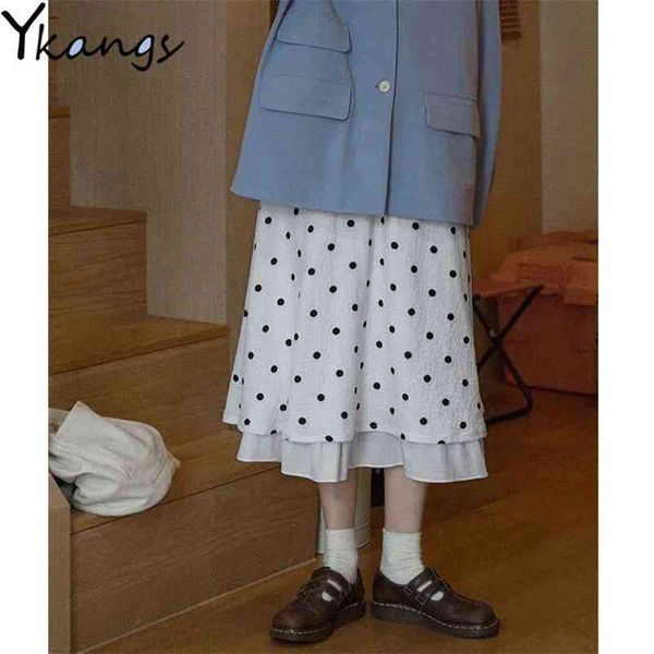 

summer vintage white polka dot stitching pleated skirt women ruffles femme jupe high waist bodycon long chiffon skirts 210421, Black