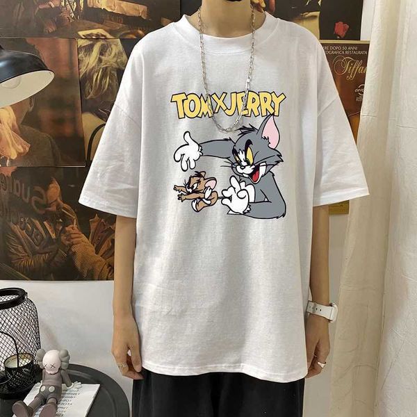 

i summer new fashion brand black cat and mouse cartoon print short sleeve hip hop street loose t-shirt man, White;black