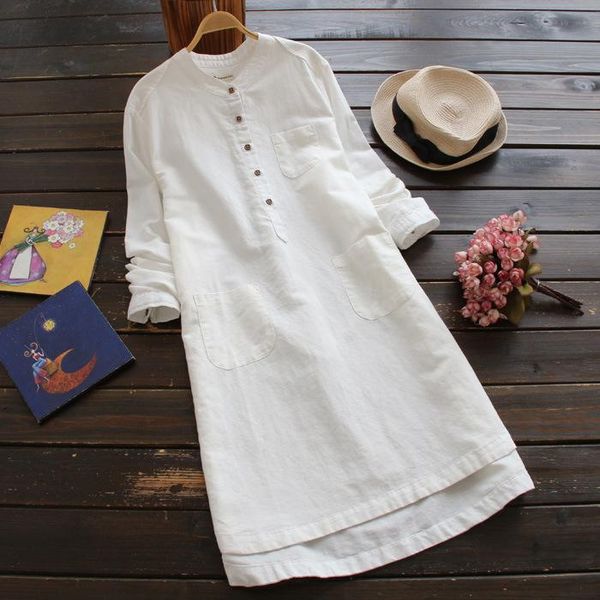 

casual dresses elegant white cotton linen dress autumn strand collar solid loose long sleeve button shirt pocket pink navy vestido, Black;gray